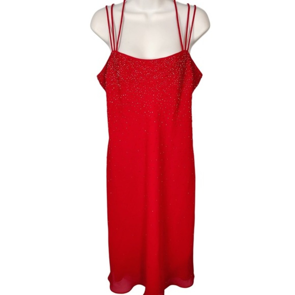 Chelsea Nites Vintage Red‎ Beaded Multi-Strap Back Evening Dress Size 14 flapper